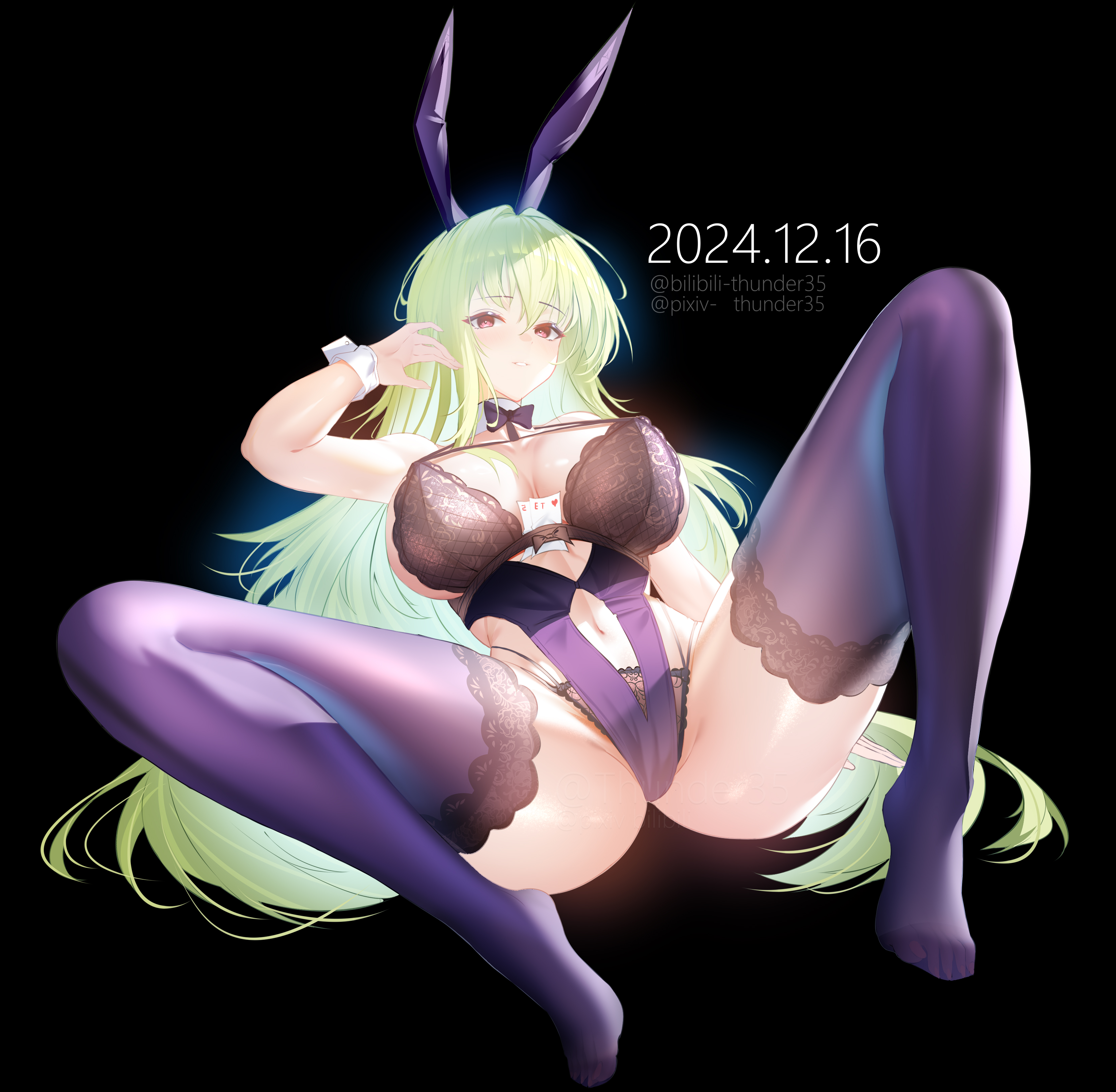 1girl absurdres alternate_costume artist_name azur_lane black_background blush bow breasts card collar green_hair highres large_breasts legs_apart leotard lingerie long_hair looking_at_viewer napoli_(azur_lane) napoli_(dreamy_night)_(azur_lane) no_shoes official_alternate_costume playboy_bunny playing_card purple_eyes rabbit_ears solo thighhighs thighs thunder-35 underwear wrist_cuffs