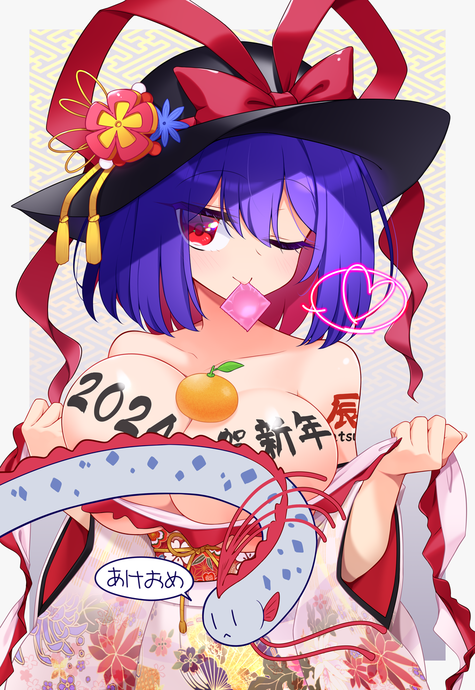 1girl 2024 ;) alternate_costume bare_shoulders breasts commentary_request condom condom_in_mouth convenient_censoring fish floral_print floral_print_kimono flower food fruit hair_between_eyes happy_new_year hat hat_flower hat_ribbon heart highres japanese_clothes kimono large_breasts looking_at_viewer mouth_hold muchin_jousha nagae_iku new_year oarfish one_eye_closed oppai_mochi orange_(fruit) print_kimono purple_hair red_eyes red_ribbon ribbon short_hair smile solo speech_bubble spoken_heart touhou translation_request upper_body variant_set