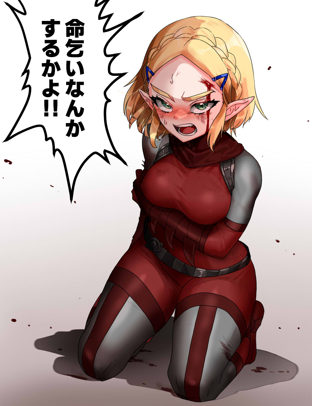 1girl arm_under_breasts belt blonde_hair blood blood_on_face bodysuit braid breasts brown_background brown_belt commentary_request crown_braid full_body gloves gradient_background green_eyes hair_ornament hairclip highres kneeling medium_breasts nintendo open_mouth pointy_ears princess_zelda red_bodysuit red_gloves red_scarf scarf shadow short_hair solo the_legend_of_zelda the_legend_of_zelda:_tears_of_the_kingdom translation_request wasabi_(legemd) yiga_clan
