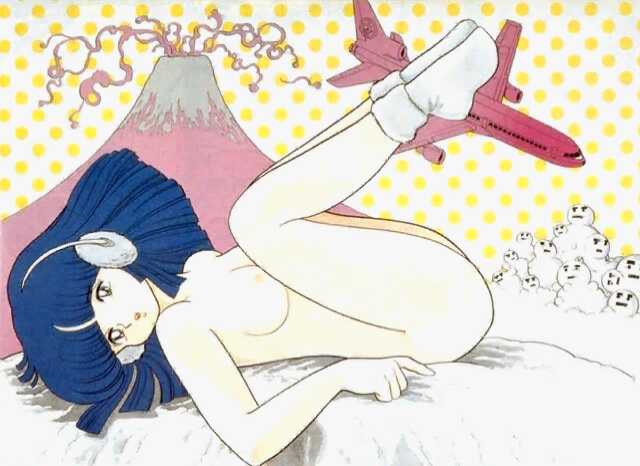 1980s_(style) aircraft airplane azuma_hideo blue_hair bobby_socks breasts earmuffs full_body looking_at_viewer lying medium_breasts nipples non-web_source nude oldschool on_back original parted_lips pop_art retro_artstyle socks solo surreal traditional_media volcano