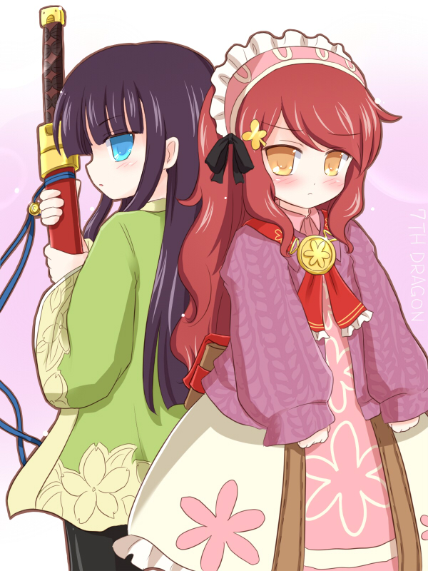 7th_dragon 7th_dragon_(series) healer_(7th_dragon) japanese_clothes kimono purple_hair ran_(7th_dragon) red_hair rosary_(7th_dragon) ry_(yagoyago) samurai_(7th_dragon) sega sword weapon