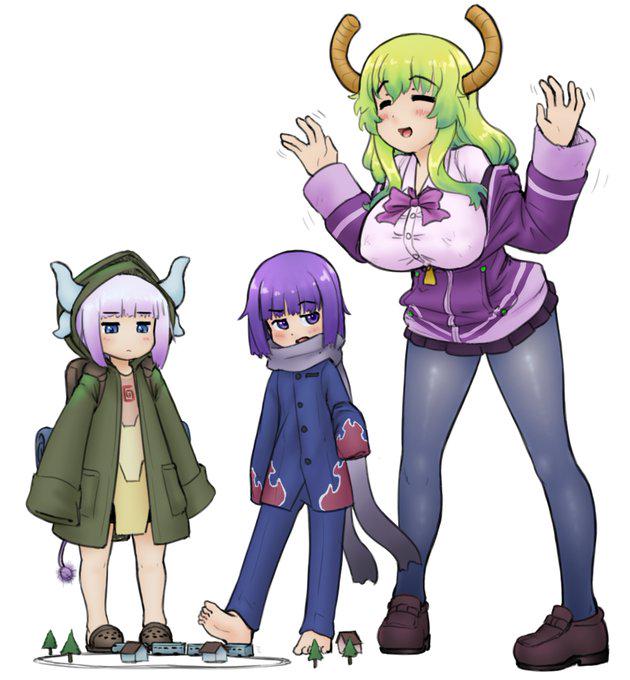 1boy 2girls :d alloyrabbit anosillus_ii anti_(ssss.gridman)_(cosplay) barefoot blonde_hair blue_eyes blush breasts child closed_eyes cosplay gridman_universe hood hoodie horns kanna_kamui kobayashi-san_chi_no_maidragon large_breasts looking_at_another looking_down lucoa_(maidragon) magatsuchi_shouta multicolored_hair multiple_girls open_mouth purple_eyes purple_hair scarf shinjou_akane_(cosplay) smile ssss.gridman standing tail white_hair