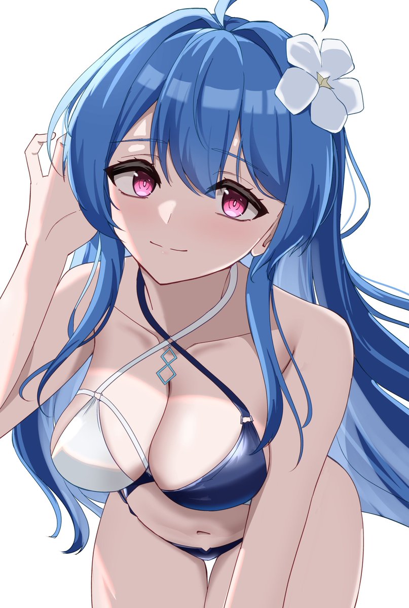 ahoge arm_support azur_lane bikini blue_hair blush breasts cleavage criss-cross_halter curvy hair_ornament halterneck hand_in_own_hair helena_(azur_lane) helena_(shimmering_triangle_wave)_(azur_lane) highres joo0nnvrppoxqeo large_breasts leaning_forward long_hair looking_at_viewer multicolored_bikini multicolored_swimsuit official_alternate_costume purple_eyes smile swimsuit thick_thighs thighs