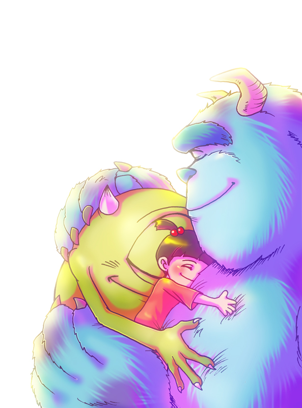 1girl blue_hair body_fur boo_(monsters_inc.) brown_hair child closed_eyes dress fangs gradient_background hair_bobbles hair_ornament horns hug james_p._sullivan mike_wazowski monsters_inc. one-eyed short_hair short_sleeves short_twintails smile twintails zinpati