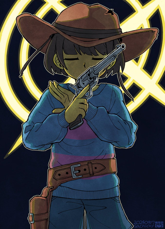 1other aizawa_sachi blue_sweater brown_hair brown_hat colored_skin cowboy_hat dated frisk_(undertale) gun handgun hat holding holding_gun holding_weapon long_sleeves revolver short_hair solo sweater undertale weapon yellow_skin