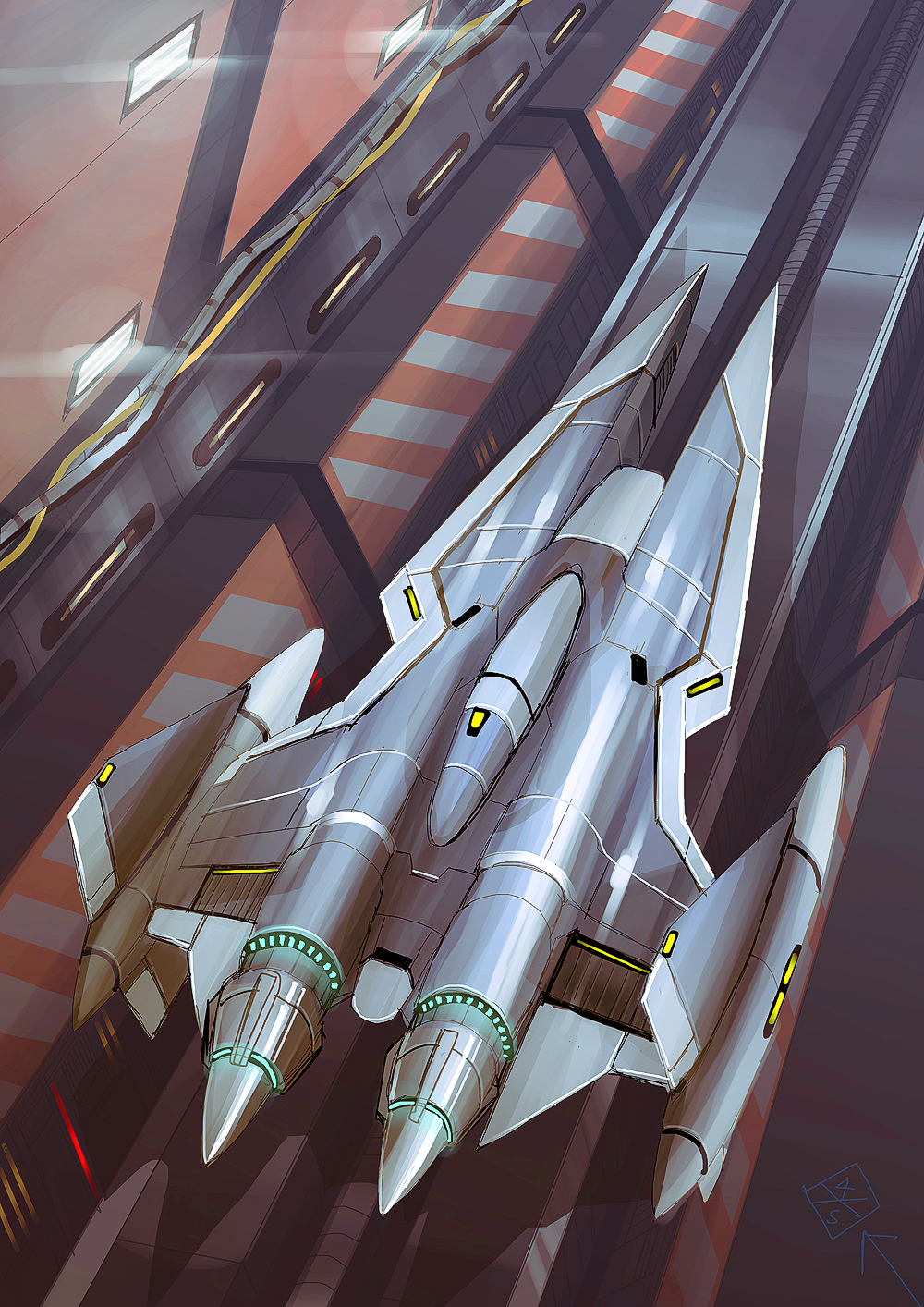 4xs_master_race cable dutch_angle gradius gradius_ii gradius_v hangar highres ignature konami lens_flare lights no_humans realistic redesign science_fiction signature spacecraft starfighter tube vic_viper