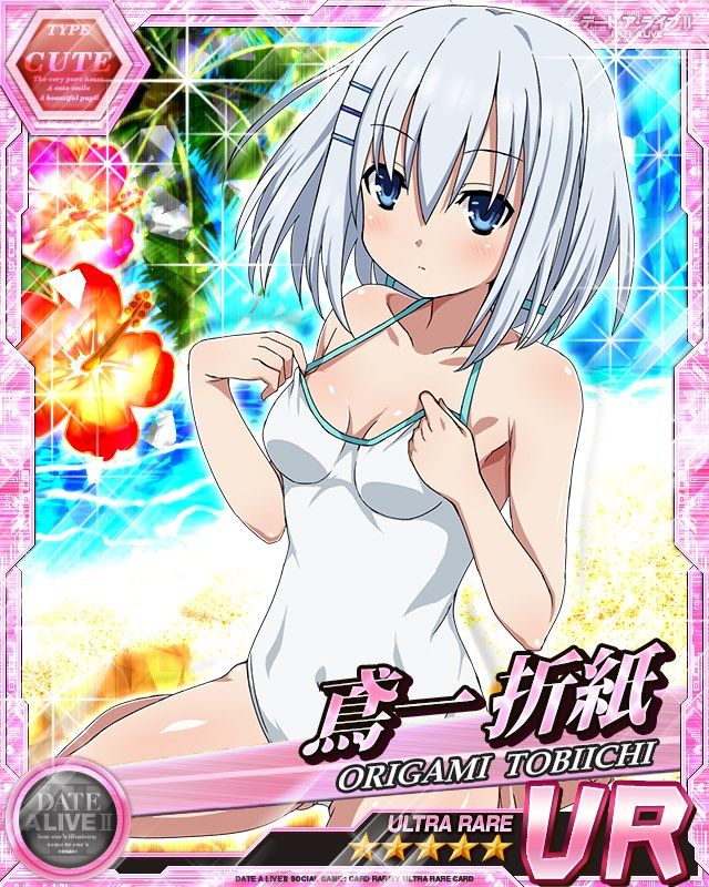 1girl alternate_costume bad_source bare_shoulders blue_eyes breasts card_(medium) date_a_live expressionless flower hair_ornament hairclip looking_at_viewer official_art one-piece_swimsuit short_hair small_breasts solo swimsuit third-party_source tobiichi_origami white_hair white_one-piece_swimsuit