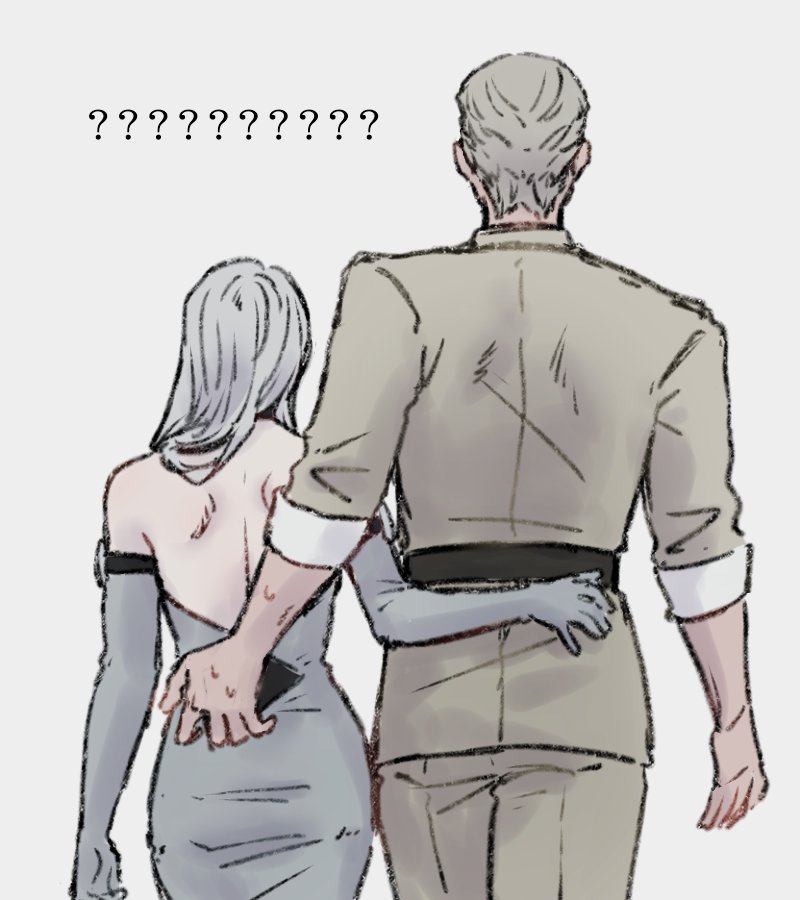 1boy 1girl ? ?? belt black_belt breasts character_name collared_shirt dress elbow_gloves genderswap genderswap_(mtf) gloves grey_background grey_dress grey_gloves grey_hair grey_jacket grey_pants hand_on_another&#039;s_back hetero humanization jacket long_hair medium_breasts ozanarism pants parted_lips protected_link shirt simple_background smile soundwave_(transformers) starscream transformers transformers_(live_action)