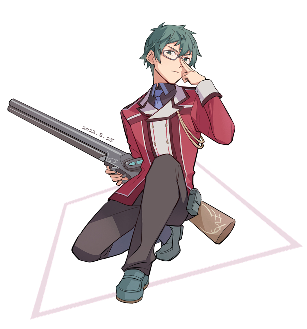 1boy adjusting_eyewear blue_necktie dated double-parted_bangs eiyuu_densetsu feng_you glasses green_eyes green_hair gun hair_between_eyes holding holding_gun holding_weapon jacket kneeling loafers looking_at_viewer machias_regnitz male_focus necktie school_uniform sen_no_kiseki_(series) sen_no_kiseki_i shoes short_hair simple_background solo thors_military_academy_class_vii_uniform weapon white_background