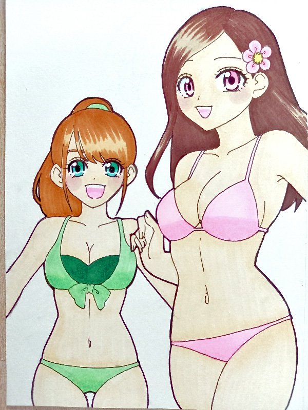 2girls bikini brown_hair flower flower_on_head green_bikini green_eyes hayami_sena kwai_chi mashin_sentai_kiramager multiple_girls ooharu_sayo pink_bikini pink_eyes super_sentai swimsuit