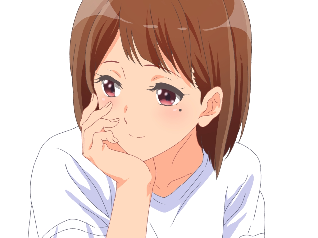 1girl brown_hair hand_on_own_cheek hand_on_own_face hibike!_euphonium maou_(ajtdmw369) medium_hair mole mole_under_eye nakaseko_kaori red_eyes shirt smile white_background white_shirt