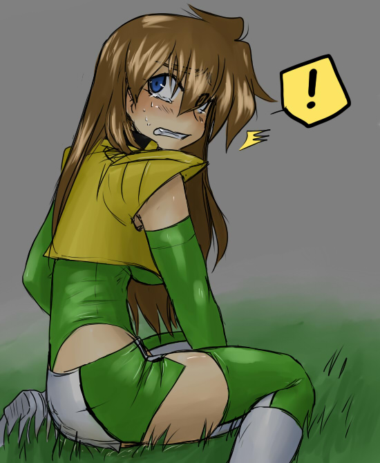 ! 1990s_(style) 1girl bad_id bad_pixiv_id blue_eyes boots breasts brown_hair detached_sleeves female_focus gender_request genderswap grass kurodora666 large_breasts long_hair looking_back retro_artstyle shishiou_gai shorts sitting solo spoken_exclamation_mark surprised sweatdrop tears teeth thighhighs vest yanagi_sendou yuusha_ou_gaogaigar yuusha_series