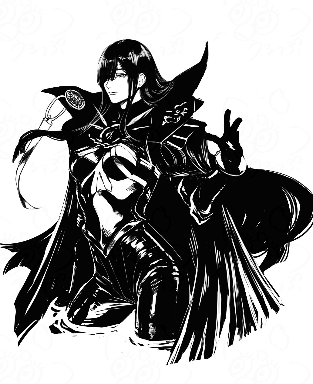 1girl black_bodysuit bodysuit breasts cape chain collared_cape fate/grand_order fate_(series) greyscale hair_over_one_eye highres long_hair monochrome oda_nobunaga_(fate) oda_nobunaga_(maou_avenger)_(fate) oda_uri popped_collar urup_zzz