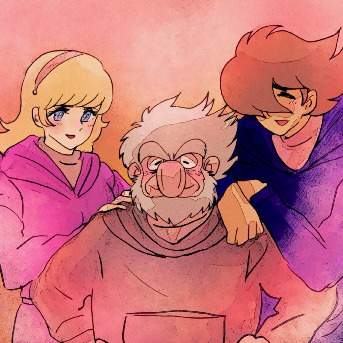 1boy 1girl blonde_hair blue_eyes blush brown_hair closed_eyes cyborg cyborg_009 hair_over_one_eye hairband jacket long_hair looking_at_another open_mouth sariokisu short_hair smile upper_body white_hair