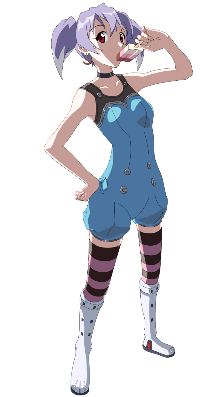 1girl boots breasts commentary_request earrings eating food full_body hand_on_own_hip highres jewelry long_hair looking_at_viewer okutadecyl popsicle purple_hair red_eyes short_hair small_breasts solo striped_clothes striped_thighhighs thighhighs top_wo_nerae!_(series) top_wo_nerae_2! twintails tycho_science white_background white_boots
