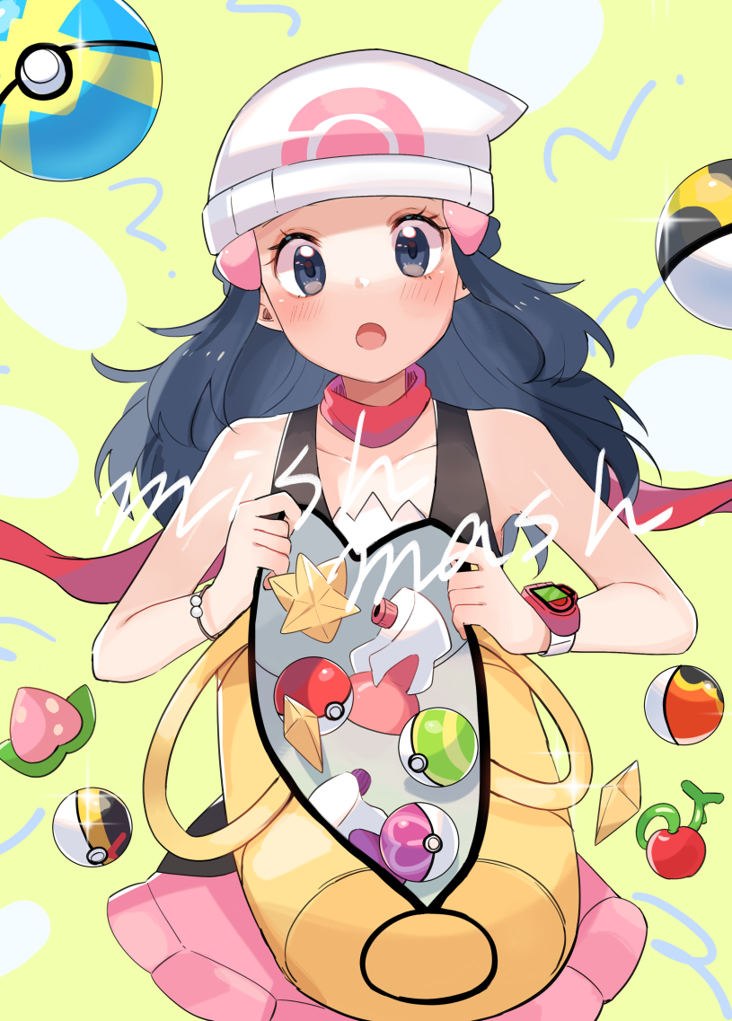 1girl :o ? bad_id bad_pixiv_id bag beanie berry_(pokemon) black_hair black_shirt blush bracelet commentary_request dawn_(pokemon) duffel_bag eyelashes glint grey_eyes hair_ornament hairclip hat holding holding_bag jewelry level_ball long_hair looking_at_viewer love_ball max_revive nest_ball nintendo open_bag open_mouth pink_skirt poke_ball poke_ball_(basic) poke_ball_print pokemon pokemon_dppt poketch potion_(pokemon) quick_ball red_scarf repeat_ball revive_(pokemon) ririmon scarf shirt skirt sleeveless sleeveless_shirt solo tongue ultra_ball watch white_hat wristwatch yellow_bag
