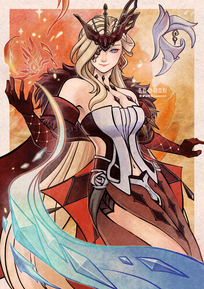 1girl bare_shoulders black_mask blonde_hair blue_eyes breasts butterfly_mask cleavage crimson_lotus_moth_(genshin_impact) delusion_(genshin_impact) dress earrings eye_mask fire genshin_impact gloves half_mask ice jewelry large_breasts leorenart long_hair looking_at_viewer mask mask_over_one_eye off-shoulder_dress off_shoulder one_eye_covered signora_(genshin_impact) smile solo studded_gloves upper_body very_long_hair