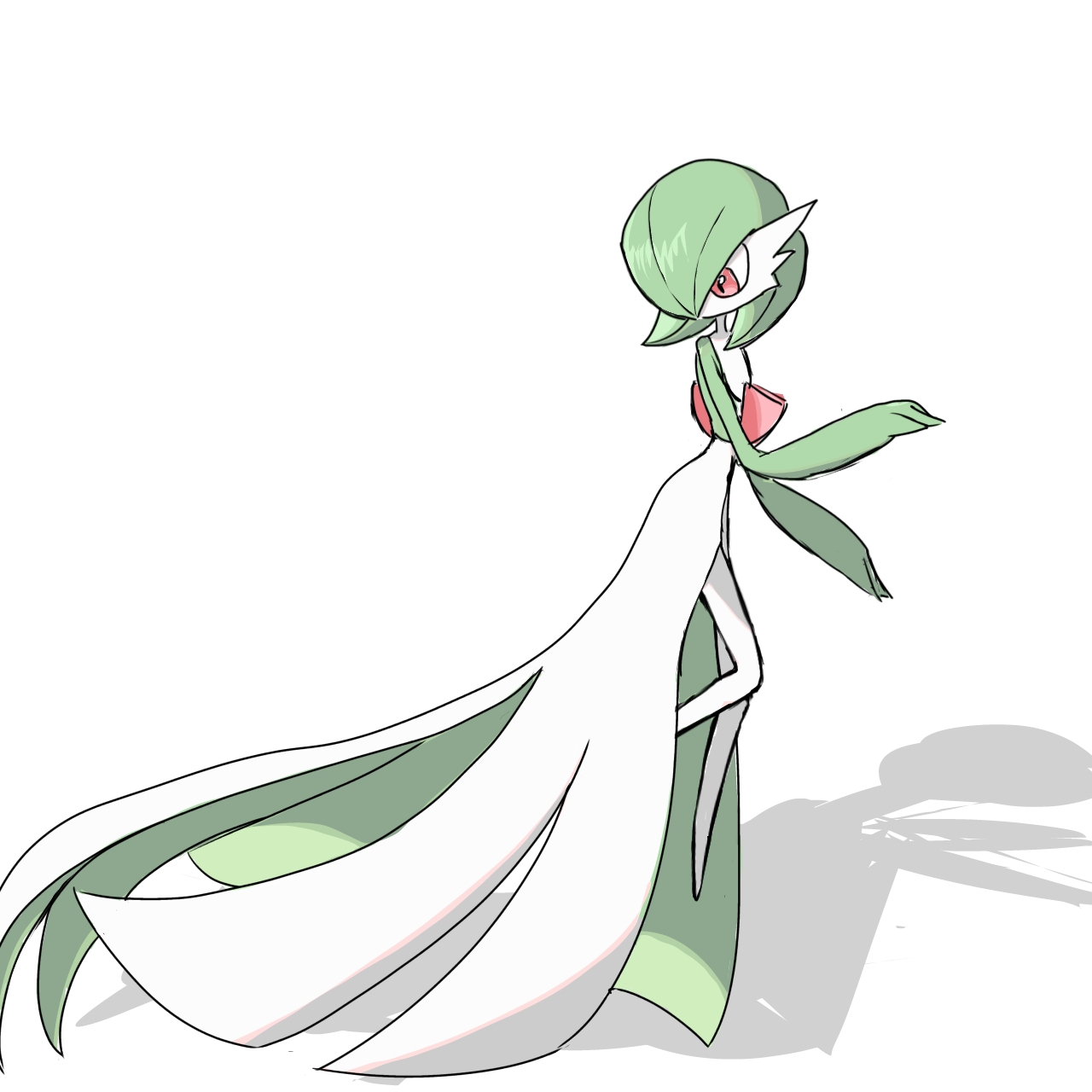 1girl bob_cut colored_skin female_focus flat_chest floating from_side full_body gardevoir gen_3_pokemon green_hair green_skin hair_over_one_eye hand_up knees_together_feet_apart legs looking_back looking_down monya multicolored_skin nintendo no_feet one_eye_covered pokemon pokemon_(creature) red_eyes short_hair simple_background solo two-tone_skin white_background white_skin