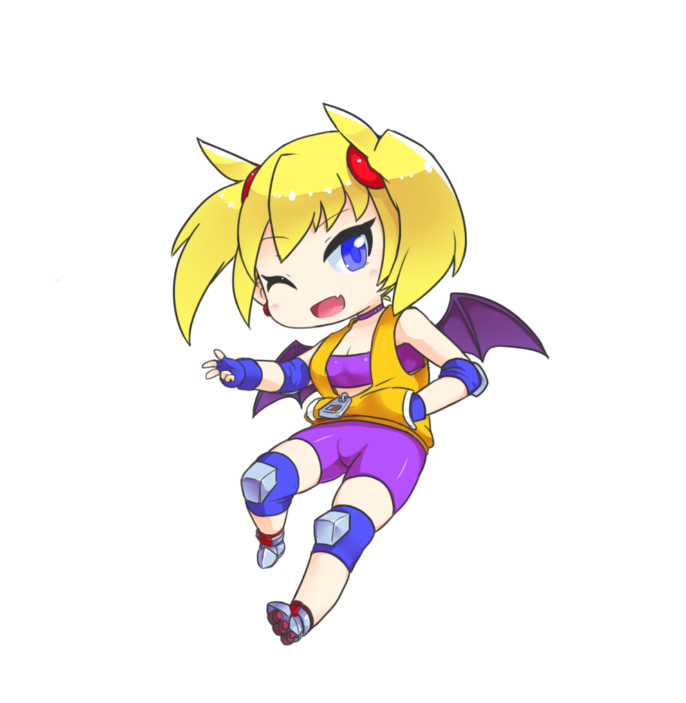 1girl ;d arcana_heart bat_wings blonde_hair blue_eyes blue_gloves bra choker earrings elbow_pads fang fingerless_gloves gloves hand_in_pocket jewelry knee_pads lilica_felchenerow one_eye_closed open_mouth orange_vest pecka purple_bra purple_shorts red_scrunchie roller_skates scrunchie short_hair shorts simple_background skates skin_fang smile solo twintails underwear vest white_background wings zipper