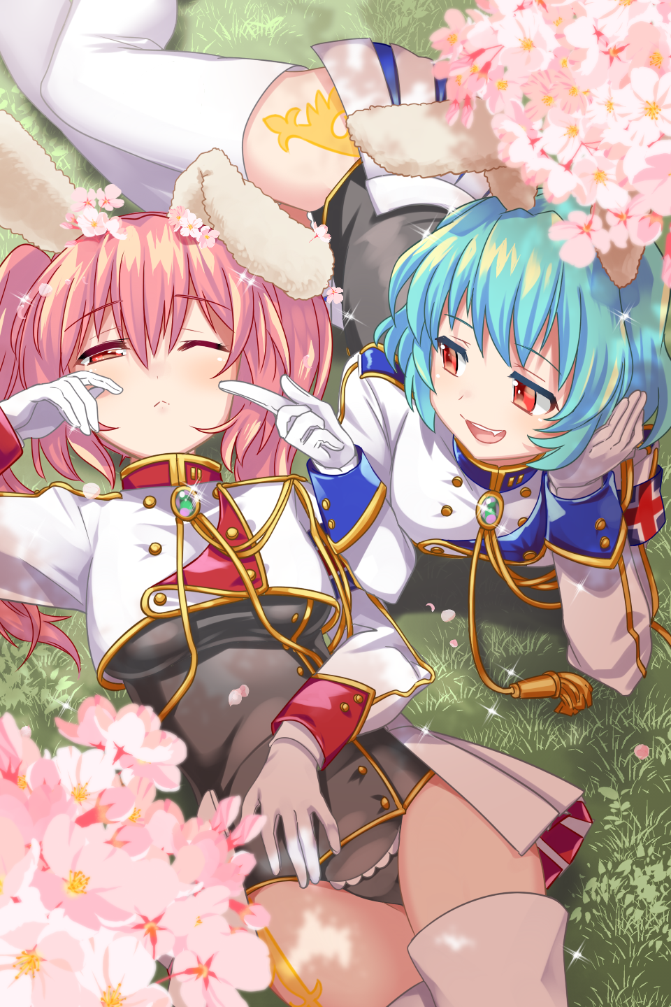 2girls ;&lt; animal_ears armband blue_hair breasts cherry_blossoms chiester410 chiester45 chiester_sisters fang flower gloves grass hair_flower hair_ornament highres kamaboko_red long_hair looking_at_another multiple_girls one_eye_closed pink_hair rabbit_ears red_eyes short_hair showgirl_skirt sleepy thighhighs twintails umineko_no_naku_koro_ni
