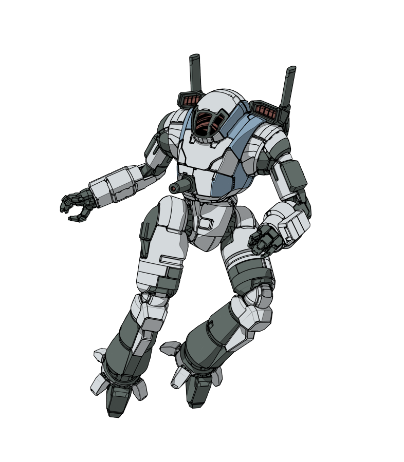 alien anthony_scroggins_(shimmering_sword) battletech chest_cannon choujikuu_yousai_macross commentary darkton-artemis energy_cannon english_commentary flying jumping looking_to_the_side machinery macross mecha no_humans original ostscout_(battletech) recolored redesign regult robot robotech third-party_edit white_background zentradi