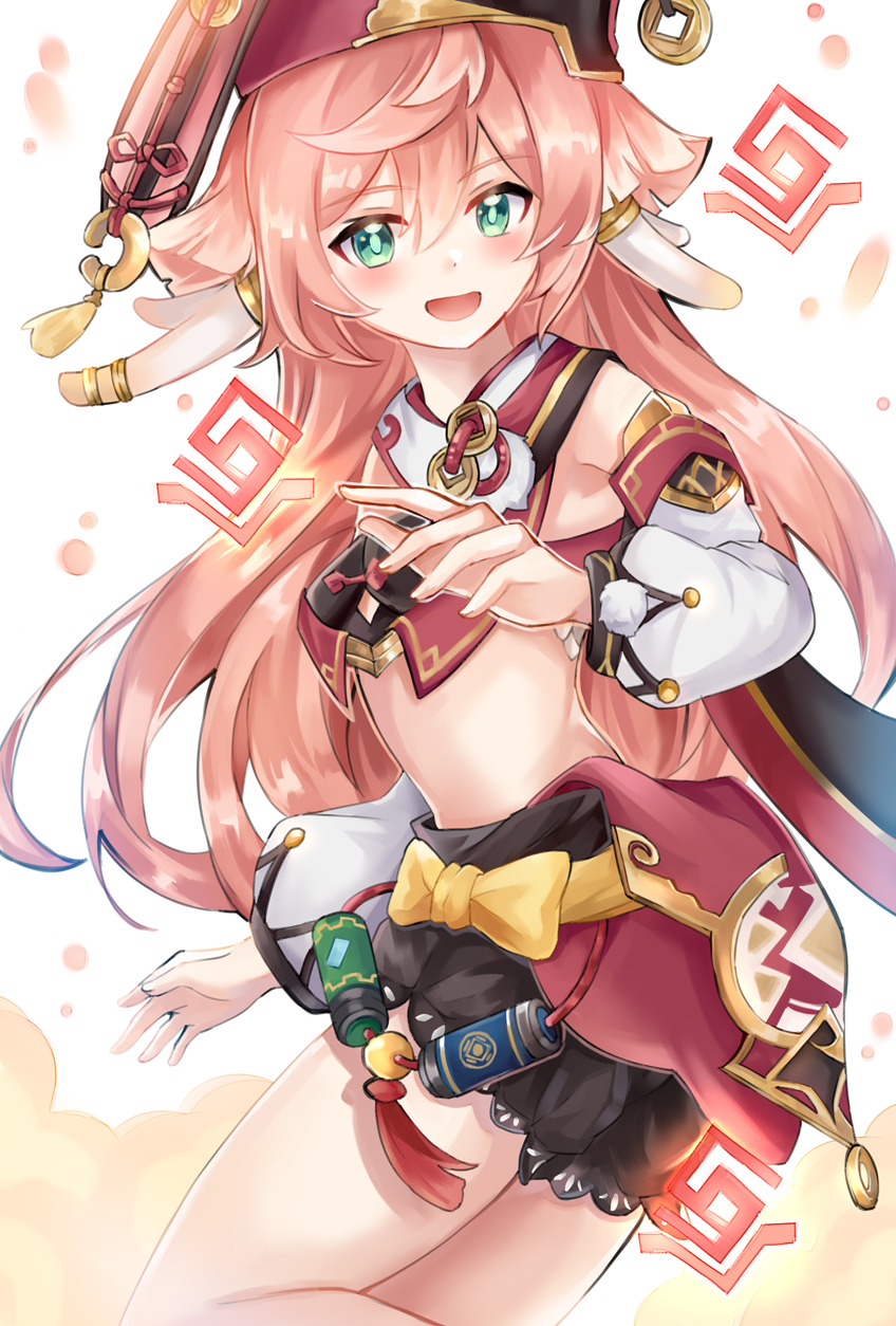 1girl :d antlers black_bloomers bloomers blush bow coin_hat_ornament crop_top detached_sleeves foot_up genshin_impact green_eyes hair_between_eyes hand_up hat_ornament highres horns long_hair long_sleeves looking_at_viewer midriff miniskirt open_mouth pink_hair pyro_symbol_(genshin_impact) red_headwear scales skirt smile solo sonika_(artist) underwear white_background white_sleeves yanfei_(genshin_impact) yellow_bow