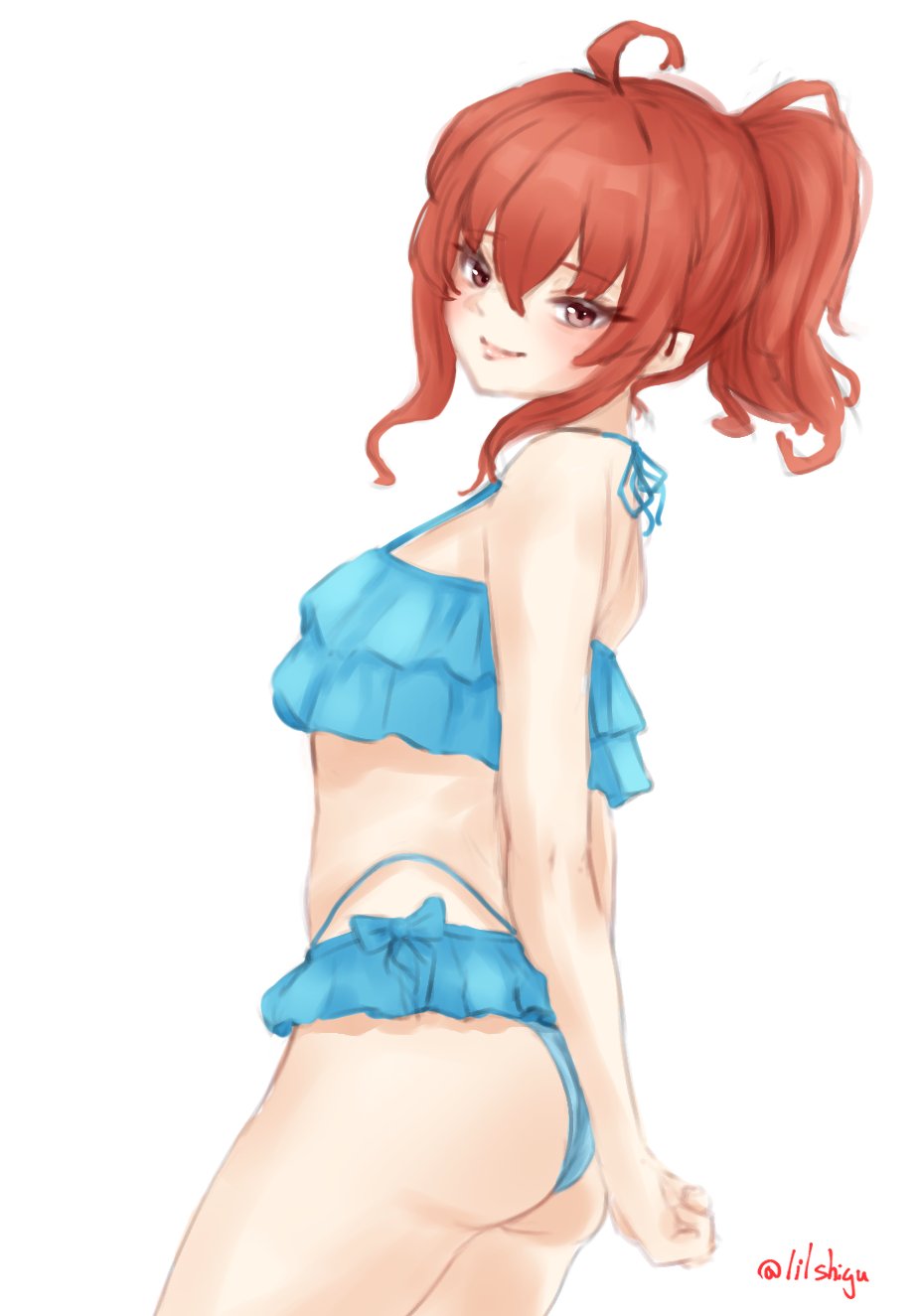 1girl ahoge alternate_costume alternate_hairstyle arashi_(kancolle) arms_behind_back ass bikini blue_bikini frilled_bikini frills highres kantai_collection lilshigu one-hour_drawing_challenge ponytail red_eyes red_hair sidelocks simple_background solo swimsuit twitter_username white_background
