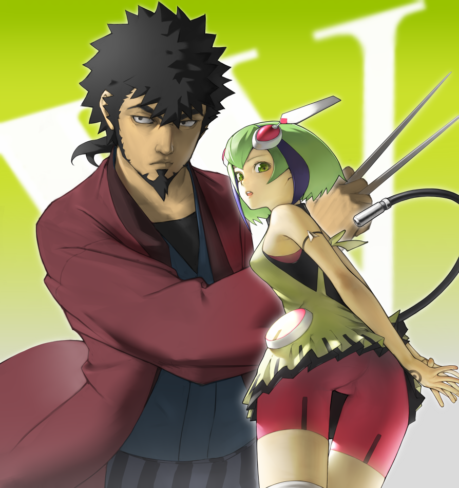 1boy 1girl android ass bare_shoulders bike_shorts black_hair breasts cable commentary_request dimension_w dress green_eyes green_hair headgear looking_at_viewer mabuchi_kyoma mi8pq multicolored_hair open_mouth short_hair streaked_hair tail thighhighs two-tone_hair yurizaki_mira
