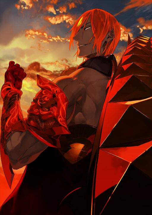 1boy armor ashwatthama_(fate) bracer chakram clenched_hand cowboy_shot dark-skinned_male dark_skin fate/grand_order fate_(series) forehead_jewel from_behind game_cg gloves gorget hair_between_eyes looking_at_viewer looking_back male_focus medium_hair official_art pako_(pakosun) parted_lips red_armor red_gloves red_hair smile solo third-party_source toned toned_male very_dark_skin weapon yellow_eyes