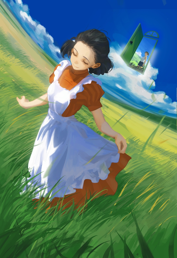1boy 1girl apron black_hair blue_sky closed_eyes cloud dress dutch_angle field himi_(kimitachi_wa_dou_ikiru_ka) kimitachi_wa_dou_ikiru_ka maki_mahito medium_hair open_door outdoors red_dress shirt short_hair skirt_hold sky white_apron white_shirt yao_liao_wang