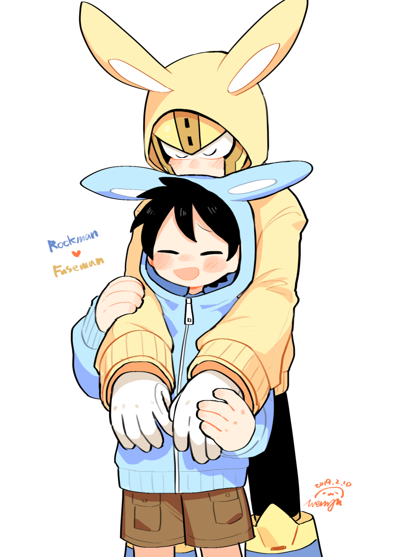 2boys android animal_ear_hood animal_ears armor behind_another black_bodysuit black_hair blue_hoodie blush bodysuit brown_shorts character_name closed_eyes commentary_request fake_animal_ears feet_out_of_frame furrowed_brow fuse_man gloves heart helmet hood hoodie joints kissing_hair male_focus mega_man_(character) mega_man_(classic) mega_man_(series) mega_man_11 multiple_boys on_shoulder open_mouth rabbit_ears robot robot_joints short_hair shorts simple_background smile solo solo_focus standing wenyu white_background white_gloves yellow_armor yellow_headwear yellow_hoodie zipped zipped_hoodie zipper