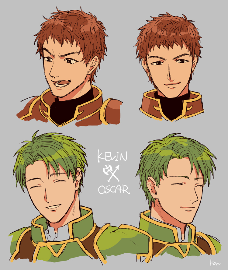 2boys akke armor character_name closed_eyes commentary_request cropped_shoulders fire_emblem fire_emblem:_path_of_radiance green_hair grey_background kieran_(fire_emblem) male_focus multiple_boys multiple_views nintendo oscar_(fire_emblem) red_hair short_hair simple_background