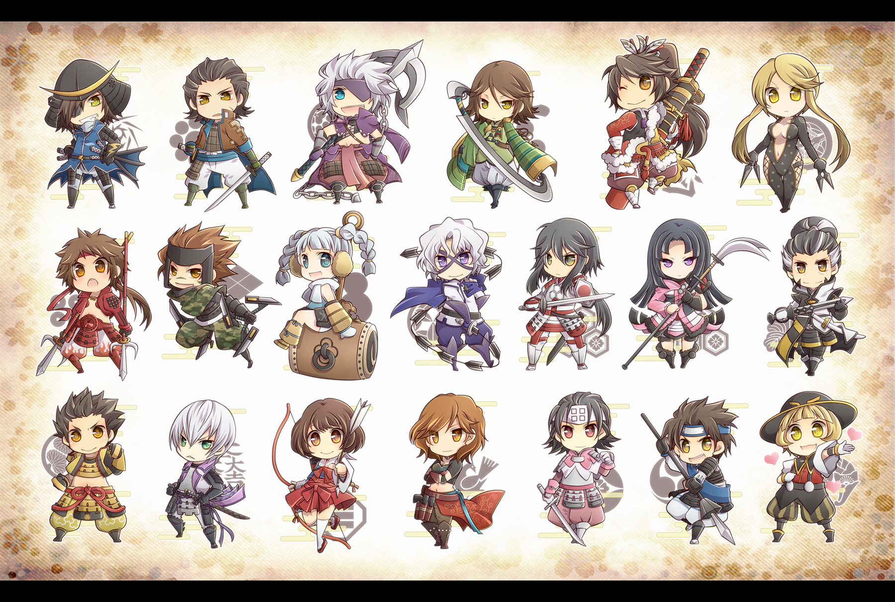 5girls 6+boys :d amago_haruhisa_(sengoku_basara) aqua_eyes armor azai_nagamasa_(sengoku_basara) black_bodysuit black_hair blonde_hair blue_hair blunt_bangs blunt_ends bodysuit bow_(weapon) braid brown_coat brown_eyes brown_hair chibi chibi_only chousokabe_motochika_(sengoku_basara) coat crossed_arms date_masamune_(sengoku_basara) dual_wielding everyone facial_hair forehead_protector frown green_eyes grey_hair grin hammer helmet highres holding holding_bow_(weapon) holding_polearm holding_shuriken holding_sword holding_weapon ishida_mitsunari_(sengoku_basara) itsuki_(sengoku_basara) japanese_armor kabuto_(helmet) kasuga_(sengoku_basara) katakura_kojuurou_(sengoku_basara) katana kunai leg_up letterboxed light_blue_hair long_hair looking_at_viewer low_ponytail maeda_keiji_(sengoku_basara) male_focus matsunaga_hisahide_(sengoku_basara) medium_hair midriff mouri_motonari_(sengoku_basara) multicolored_hair multiple_boys multiple_girls navel no_headwear oichi_(sengoku_basara) one_eye_closed open_mouth orange_eyes otomo_sorin_(sengoku_basara) pink_eyes plunging_neckline polearm ponytail purple_eyes saika_magoichi_(sengoku_basara) sanada_yukimura_(sengoku_basara) sarutobi_sasuke_(sengoku_basara) sengoku_basara short_hair short_hair_with_long_locks shuriken smile spear streaked_hair sword takenaka_hanbee_(sengoku_basara) tokiazu tokugawa_ieyasu_(sengoku_basara) tsuruhime_(sengoku_basara) twin_braids utsunomiya_hirotsuna_(sengoku_basara) weapon white_hair yellow_eyes