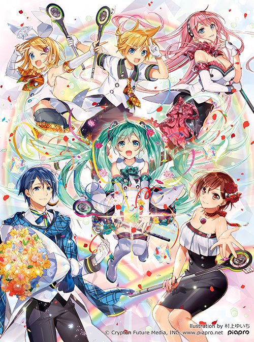 2boys 4girls aqua_eyes arms_up asymmetrical_gloves back_bow bare_arms bare_shoulders black_dress black_pants black_shorts black_skirt blonde_hair blue_eyes blue_flower blue_hair blue_scarf boots bouquet bow bow_choker bow_hairband bowtie breasts brown_eyes brown_hair choker cleavage closed_mouth detached_sleeves dress falling_petals floating_clothes floating_hair floating_neckwear floating_scarf flower formal_clothes gloves green_bow green_bowtie green_hair hair_flower hair_ornament hairband hand_up hands_up hatsune_miku holding holding_bouquet holding_microphone holding_wand jacket kagamine_rin kaito_(vocaloid) long_hair looking_at_viewer looking_back magical_mirai_kaito magical_mirai_kaito_(2017) magical_mirai_len magical_mirai_len_(2017) magical_mirai_luka magical_mirai_luka_(2017) magical_mirai_meiko magical_mirai_meiko_(2017) magical_mirai_miku magical_mirai_miku_(2017) magical_mirai_rin magical_mirai_rin_(2017) meiko_(vocaloid) microphone microphone_wand midriff midriff_peek multiple_boys multiple_girls murakami_yuichi neck_ribbon neckerchief necktie official_alternate_costume official_art one_eye_closed open_mouth orange_flower orange_neckerchief orange_necktie pants parted_bangs petals pink_hair pink_skirt plaid_bow plaid_bowtie plaid_clothes plaid_neckerchief plaid_necktie plaid_scarf ponytail rainbow reaching reaching_towards_viewer red_choker red_flower red_petals red_rose ribbon rose rose_petals scarf shirt short_hair short_ponytail short_shorts short_sleeves shorts skirt sleeveless sleeveless_shirt smile strapless strapless_dress suit suit_jacket thigh_boots tube_dress twintails two-sided_fabric two-sided_skirt uneven_gloves v v_over_head very_long_hair vocaloid wand white_bow white_footwear white_gloves white_shirt white_tailcoat yellow_flower yellow_necktie