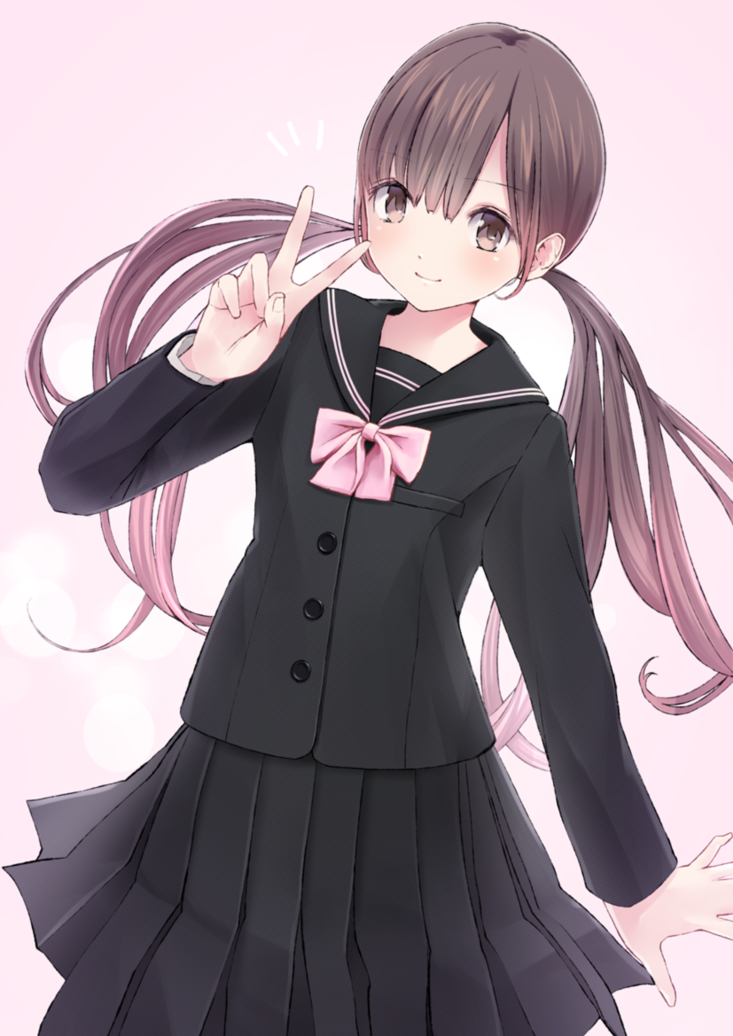 1girl bad_id bad_nicoseiga_id black_serafuku brown_eyes brown_hair chikuwa_(glossymmmk) chikuwa_(odennabe) female_focus long_hair looking_at_viewer original school_uniform serafuku simple_background solo twintails v