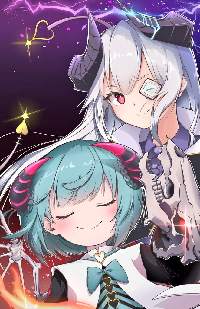 2girls bungo_yayoi closed_eyes double_bun eyepatch fake_horns green_hair hair_bun hat heaven_burns_red horns medium_hair multiple_girls musin_az official_alternate_costume official_alternate_hairstyle one_eye_covered red_eyes short_hair skeletal_wings smile white_hair wings yamawaki_bon_ivar