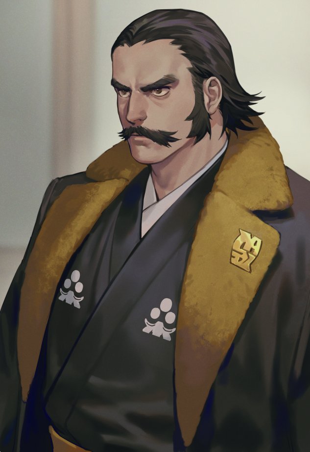 1boy beard black_hair blurry blurry_background brown_eyes facial_hair frown fur-trimmed_jacket fur_trim jacket japanese_clothes kamado_(pokemon) lapel_pin logo looking_to_the_side male_focus mature_male mustache nintendo patterned_clothing pokemon pokemon_legends:_arceus short_hair sideburns solo thick_eyebrows zoo_(oukakumaku)