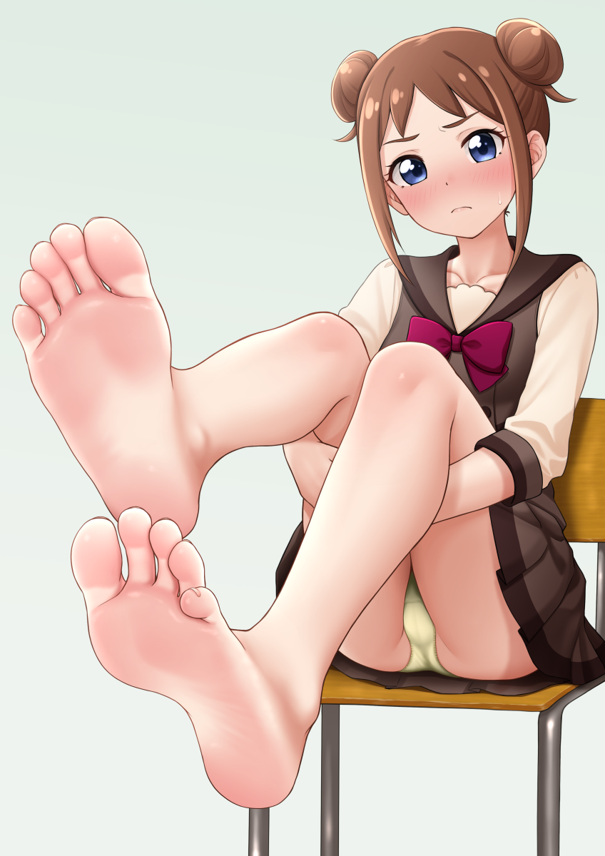 1girl barefoot blue_eyes blush brown_hair brown_sailor_collar brown_skirt brown_vest chair closed_mouth commentary_request double_bun feet foot_focus grey_background hair_bun highres hinosaki long_sleeves looking_at_viewer ookuma_(precure) panties precure sailor_collar school_uniform second_wangan_school_uniform simple_background sitting skirt soles solo toes underwear vest wonderful_precure! yellow_panties