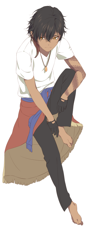 1boy aged_down arm_tattoo barefoot black_gloves black_hair black_pants brown_hair closed_mouth dark-skinned_male dark_skin dragon_tattoo full_body gloves jewelry knee_up leuco male_focus multicolored_hair necklace ookurikara pants purple_sash sash shirt simple_background sitting solo tattoo touken_ranbu white_background white_shirt yellow_eyes