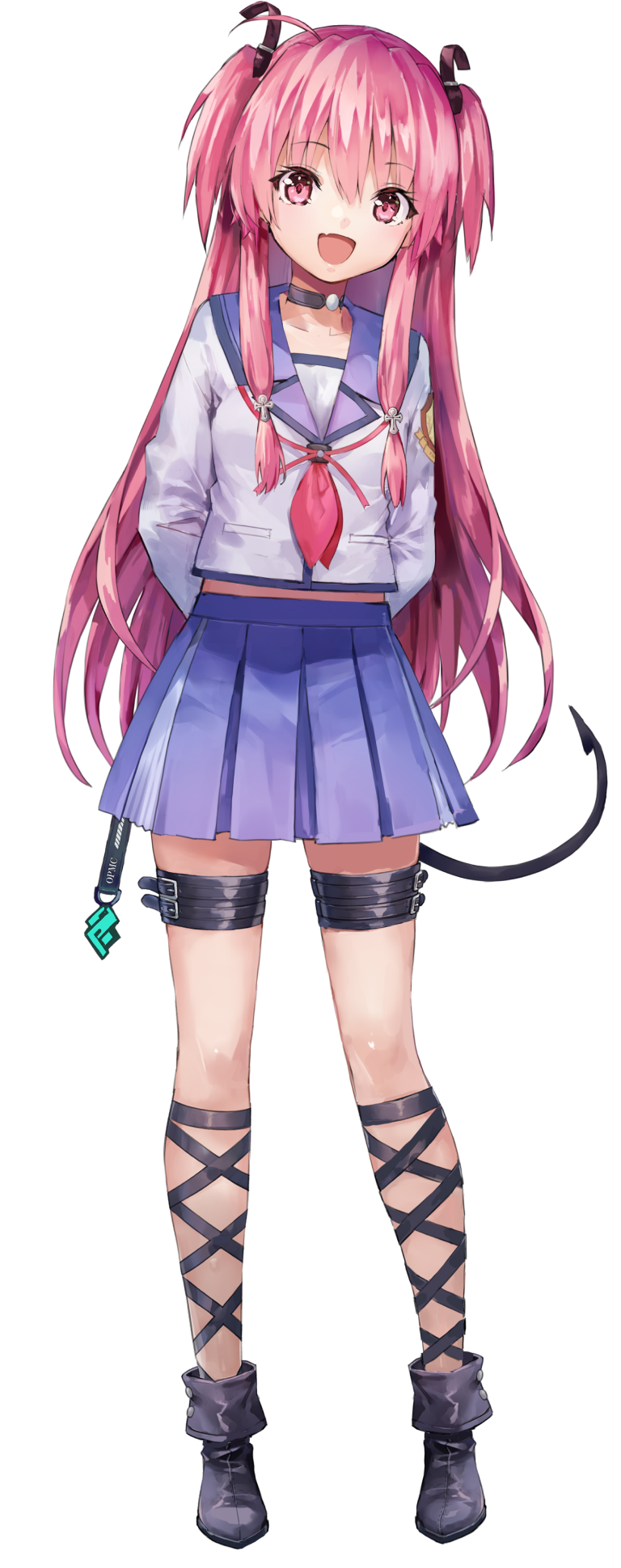 1girl angel_beats! arms_behind_back artist_request belt black_choker black_footwear black_tail blue_skirt boots choker cross_hair_ornament fake_tail fang full_body hair_ornament hairband heaven_burns_red highres long_hair long_sleeves looking_at_viewer midriff_peek neck_ribbon official_art open_mouth pink_eyes pink_hair pink_ribbon pleated_skirt ribbon shinda_sekai_sensen_uniform shirt shoes sidelocks simple_background skirt smile solo tachi-e tail thigh_belt thigh_strap transparent_background two_side_up white_shirt yui_(angel_beats!)