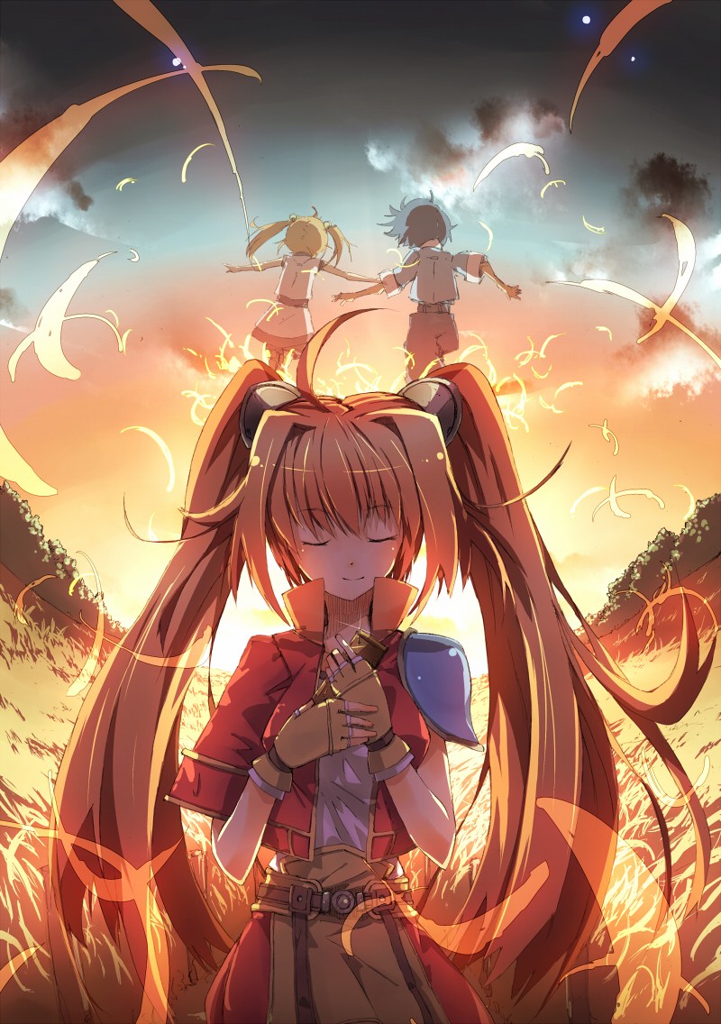 1boy 1girl black_hair breasts child closed_eyes eiyuu_densetsu estelle_bright feathers fingerless_gloves gloves holding_hands joshua_bright legs long_hair medium_breasts own_hands_together pants remembering short_hair skirt smile sora_no_kiseki sunset thighs twintails walking