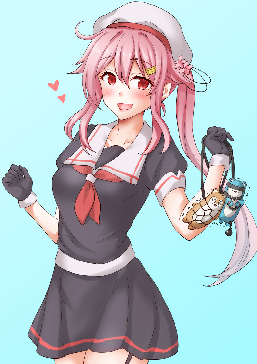 1girl anti_(untea9) beret black_gloves black_serafuku black_shirt black_skirt bokukawauso commentary_request cowboy_shot garter_straps gloves gradient_hair harusame_(kancolle) harusame_kai_ni_(kancolle) hat highres holding kantai_collection multicolored_hair neckerchief pink_hair pleated_skirt red_eyes red_neckerchief sailor_collar sailor_hat sailor_shirt school_uniform serafuku shibari shirt side_ponytail skirt solo white_hat white_sailor_collar