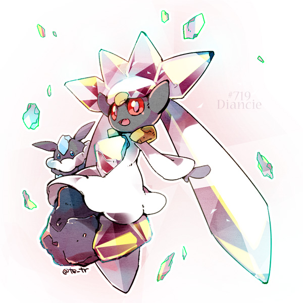 arms_at_sides carbink commentary_request diancie full_body gen_6_pokemon grey_background legendary_pokemon looking_at_viewer mythical_pokemon nintendo no_humans open_mouth pokedex_number pokemon pokemon_(creature) red_eyes simple_background tetori