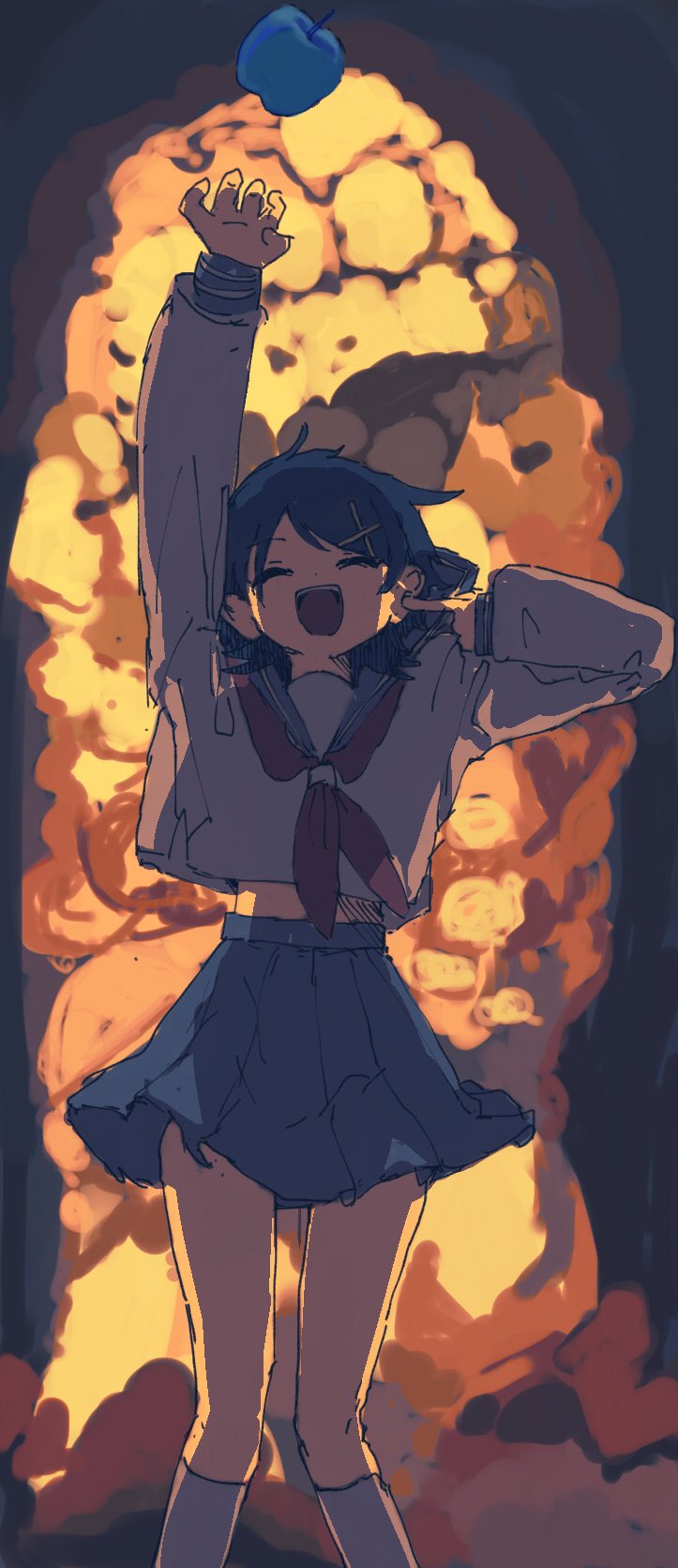 1girl :d apple black_hair blue_apple blue_sailor_collar closed_eyes cross_hair_ornament explosion explosion_background feet_out_of_frame food fruit fuura_kafuka hair_ornament hairclip highres kneehighs me_(user_nmst5387) neckerchief open_mouth pleated_skirt red_neckerchief sailor_collar sayonara_zetsubou_sensei school_uniform serafuku short_hair skirt smile socks solo throwing throwing_food white_socks