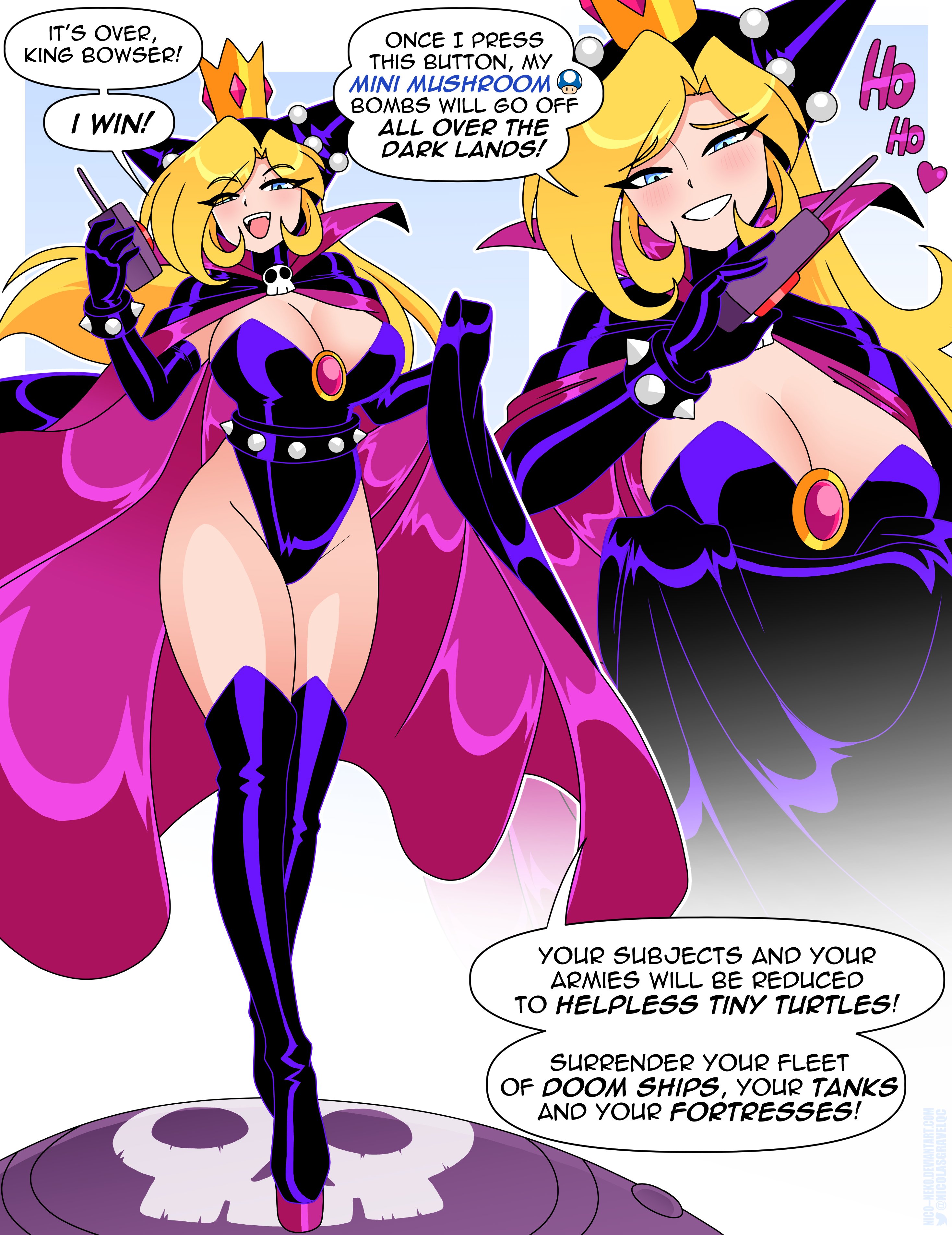 absurdres aged_up black_boots black_cape black_gloves black_hood black_leotard blonde_hair blue_eyes bomb boots bracelet breasts cape cleavage collared_cape controller crown elbow_gloves explosive fangs gem gloves hair_over_one_eye high_collar highleg highleg_leotard highres holding holding_remote_control holding_unworn_cape holding_unworn_clothes hood hood_up jewelry large_breasts latex latex_boots latex_gloves latex_leotard laughing leather leather_boots leather_gloves leather_leotard leotard light_blush long_hair mario_(series) mario_power_tennis mario_tennis mini_mushroom nico-neko nintendo ojou-sama_pose open_mouth pink_cape pink_gemstone power-up purple_boots purple_cape purple_gloves purple_hood purple_leotard remote_control sidelocks skull_brooch skull_print smug spiked_belt spiked_bracelet spikes strapless thigh_boots transformation unworn_cape warupeach