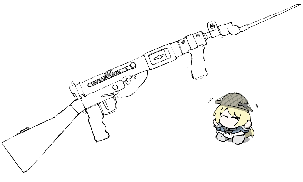 1girl ^_^ bayonet black_neckerchief blonde_hair blue_jacket chibi closed_eyes commentary_request dress grey_hat grey_shoes gun hat jacket jervis_(kancolle) kantai_collection knife long_hair neckerchief no_mouth sailor_dress shoes simple_background solo sten_gun submachine_gun task_(s_task80) weapon white_background white_dress