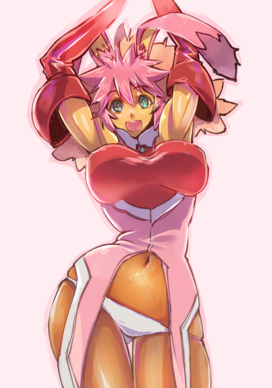1girl animal_ears aqua_eyes bodysuit breasts colored_bangs gloves ichira-san large_breasts long_hair looking_at_viewer multicolored_hair navel open_mouth panties pink_hair rabbit_ears red_hair seraphita_(xenogears) skin_tight smile solo underwear white_panties xenogears