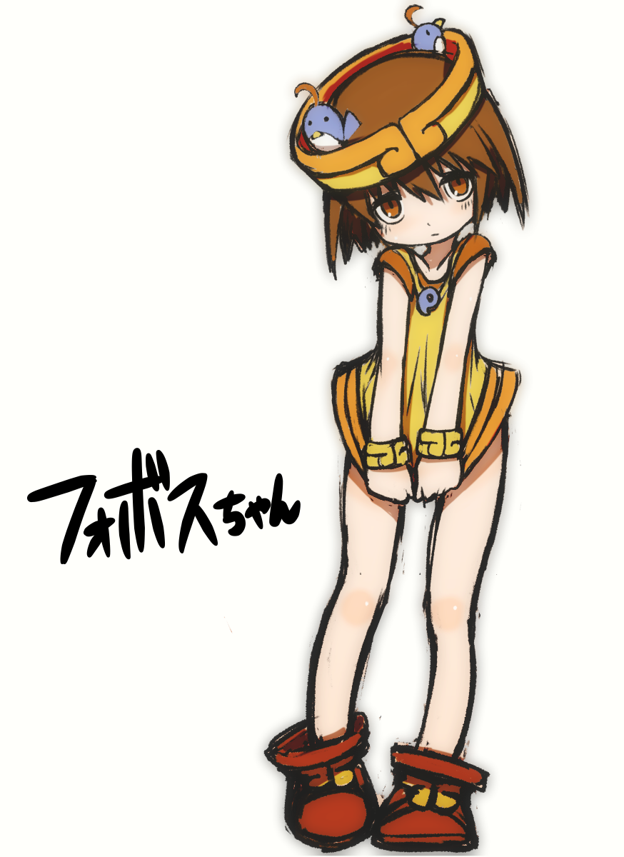 1girl animal animal_on_head beeru_(veil8801) bird bird_on_head blue_bird brown_eyes brown_hair character_name closed_mouth darkstalkers dress dress_tug full_body hair_between_eyes highres huitzil_(darkstalkers) magatama midnight_bliss on_head red_shoes shoes short_hair simple_background white_background yellow_dress