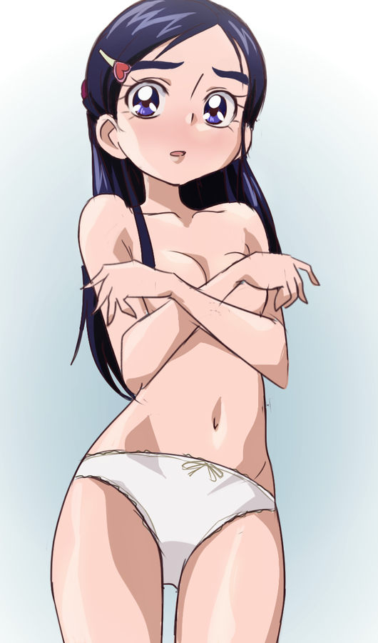 10s 1girl 2014 bare_shoulders blue_eyes blue_hair blush breasts collarbone covering_breasts covering_privates crossed_arms futari_wa_precure gradient_background hair_ornament heart heart_hair_ornament long_hair looking_at_viewer matching_hair/eyes navel oimanji panties parted_lips precure small_breasts solo standing stomach thigh_strap topless_female underwear white_panties yukishiro_honoka