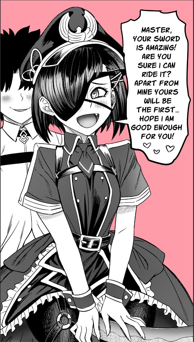 1boy 1girl belt blush collared_shirt commentary ear_blush english_text eyepatch faceless faceless_male fang fate/grand_order fate_(series) fujimaru_ritsuka_(male) furrowed_brow heart heart-shaped_pupils looking_at_another monochrome mysterious_ranmaru_x_(fate) necktie open_mouth pantyhose parted_lips red_background shinsaku_(stan-art) shirt short_hair short_necktie short_sleeves speech_bubble swept_bangs sword_between_thighs symbol-shaped_pupils upper_body wrist_cuffs